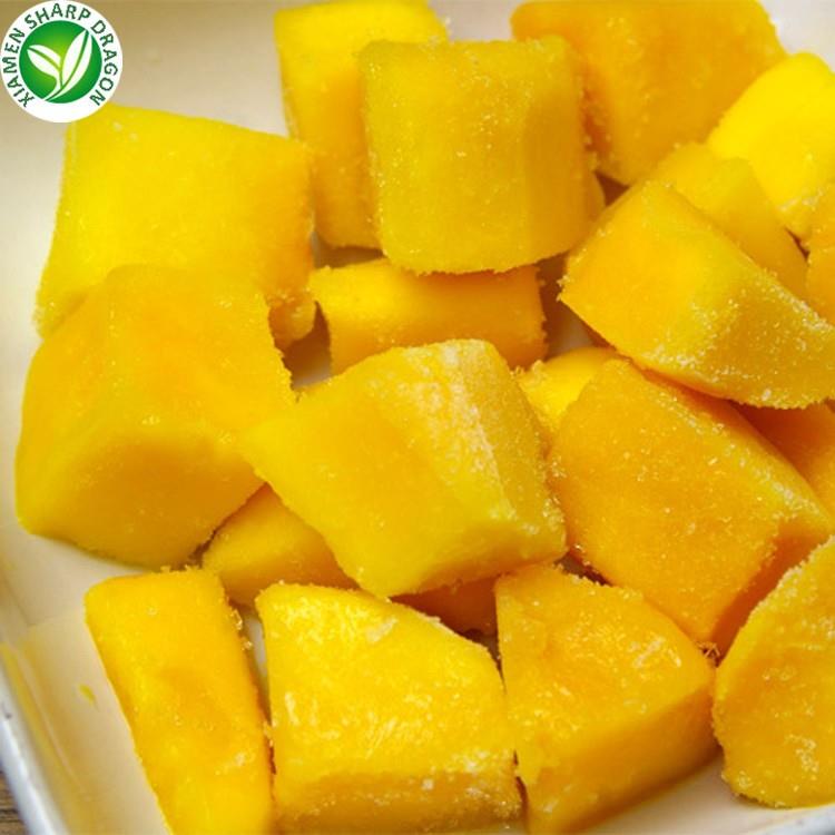 Bright frozen mango chunks reviewed for color and cut