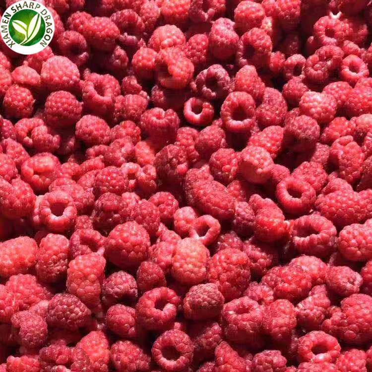 Whole red frozen raspberry product view three