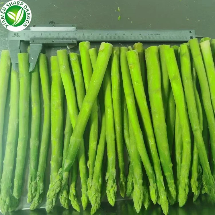 Asparagus diameter and size check for specification review Frozen asparagus spears arranged beneath a measuring calliper