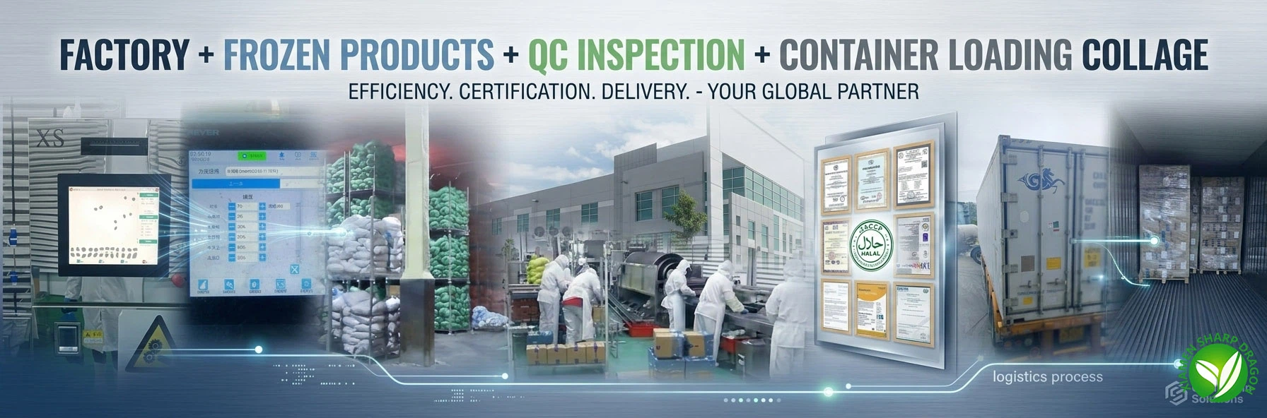 Factory + frozen products + QC inspection + container loading collage