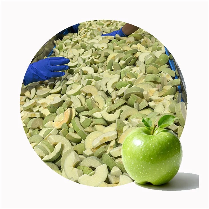 Gloved hands sorting green apple slices with a whole apple inset