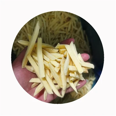 Frozen fry strips showing cut length and surface condition Loose frozen French fry strips held above a storage bin