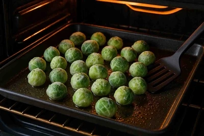 Frozen Brussels sprouts spaced in a single layer in an oven
