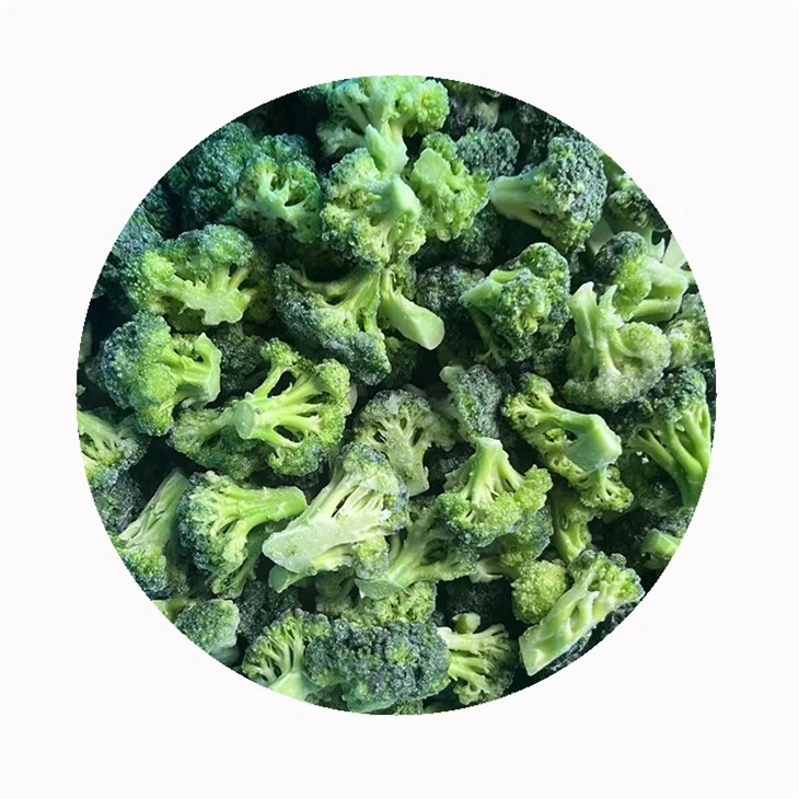 Bulk IQF broccoli floret appearance Frozen broccoli florets arranged in a circular product display