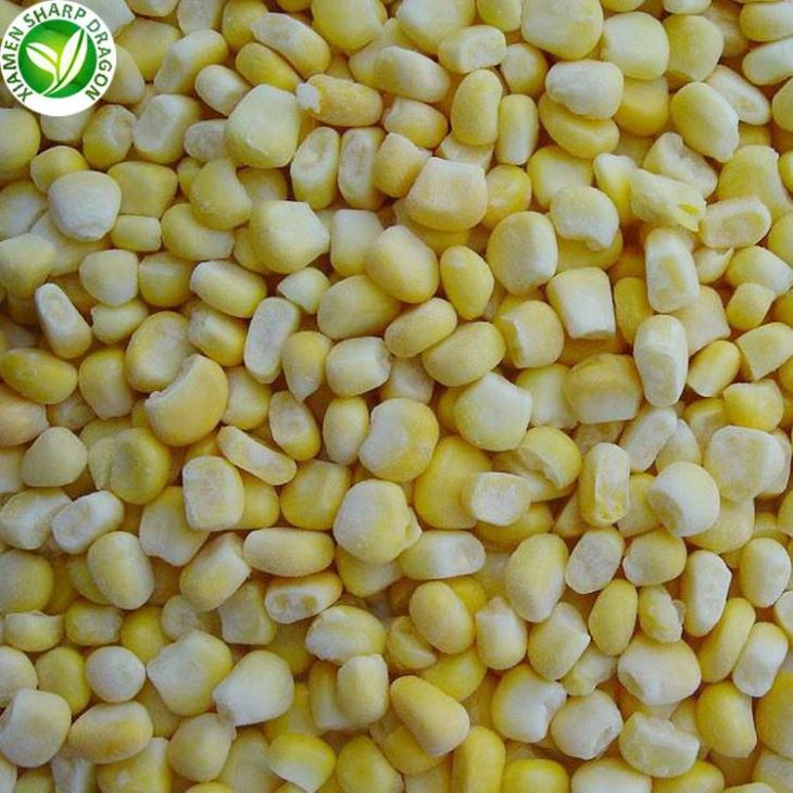 Frozen sweet corn condition before a cooked-weight comparison Frozen sweet corn kernels with visible surface frost before cooking and draining