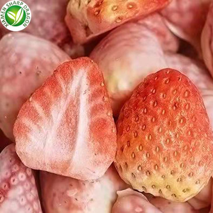 Freeze-dried strawberry pieces illustrating retained color and fragile structure