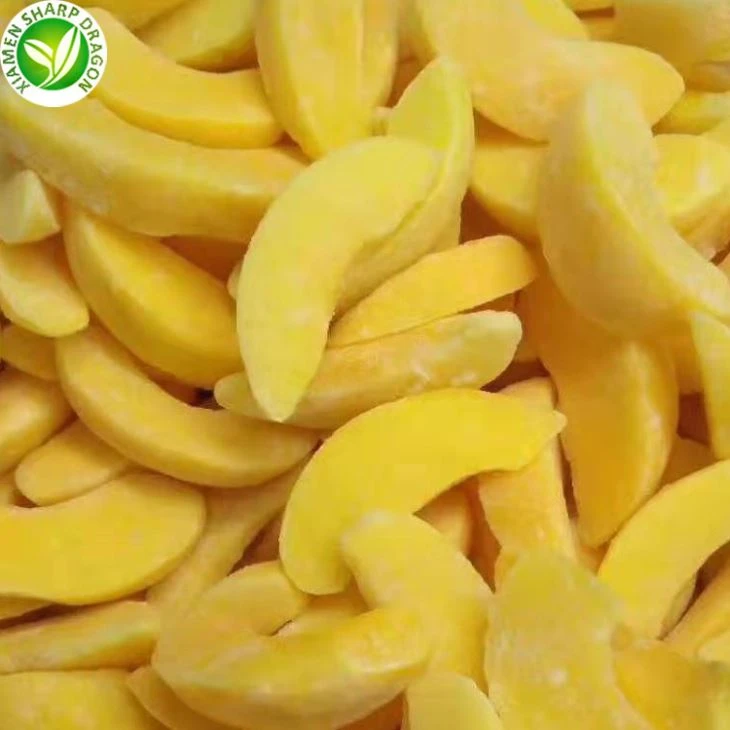 IQF yellow peach slices showing yellow color and surface frost