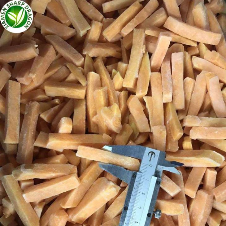 Frozen steamed sweet potato strips measured with a caliper