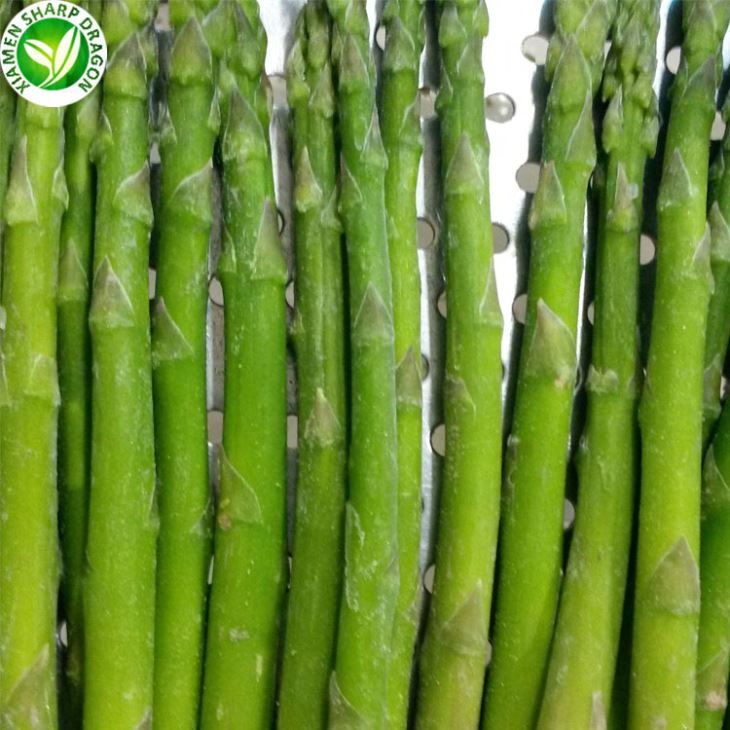 Frozen green asparagus spears showing whole-cut form Whole frozen green asparagus spears arranged in parallel
