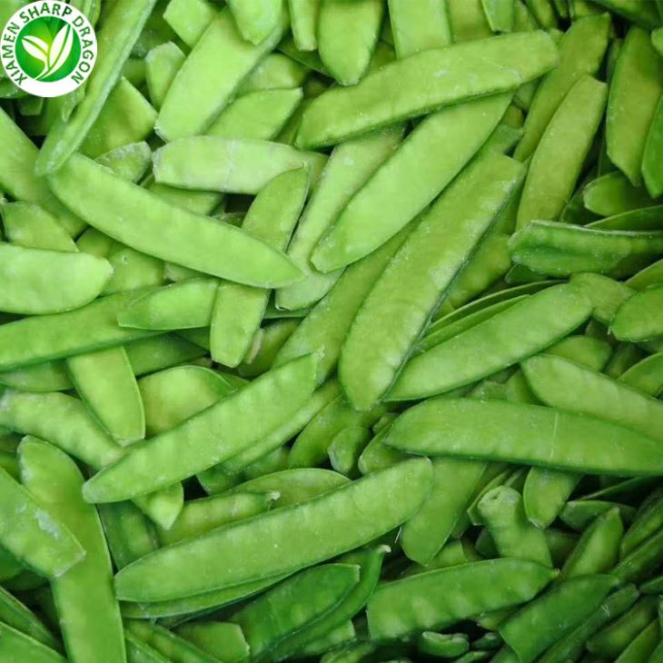 Flat green snow pea pods with light surface frost