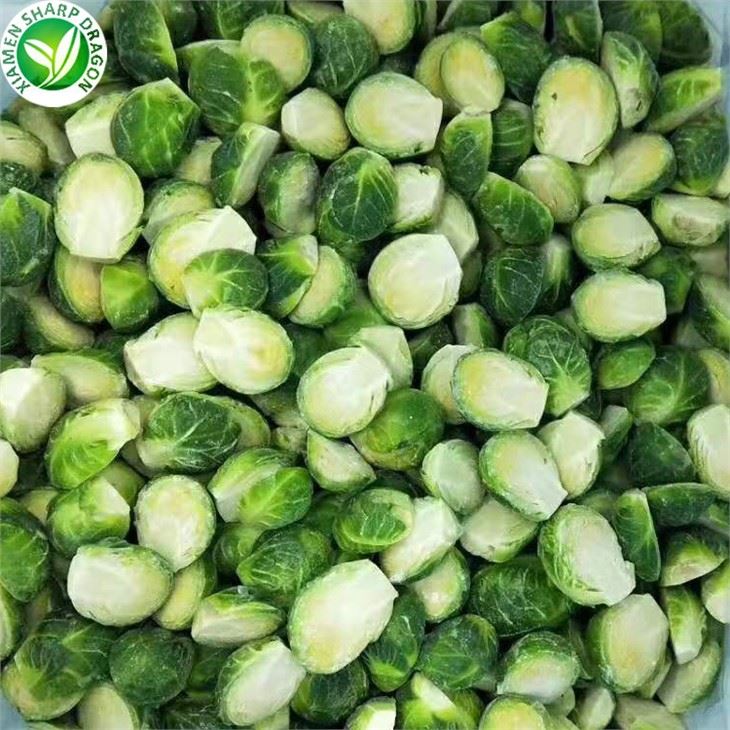 Halved frozen Brussels sprouts showing exposed cut faces